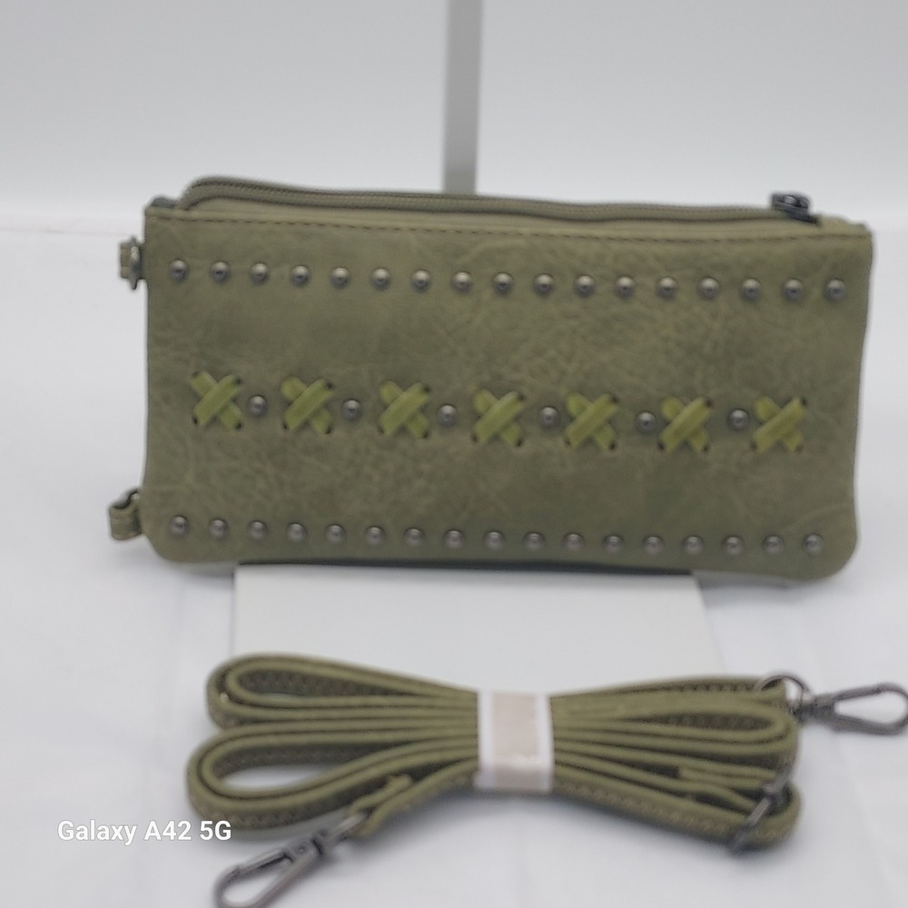 American Bling ABT1001WGN Olive Green Studded Crossbody Wallet Phone Bag